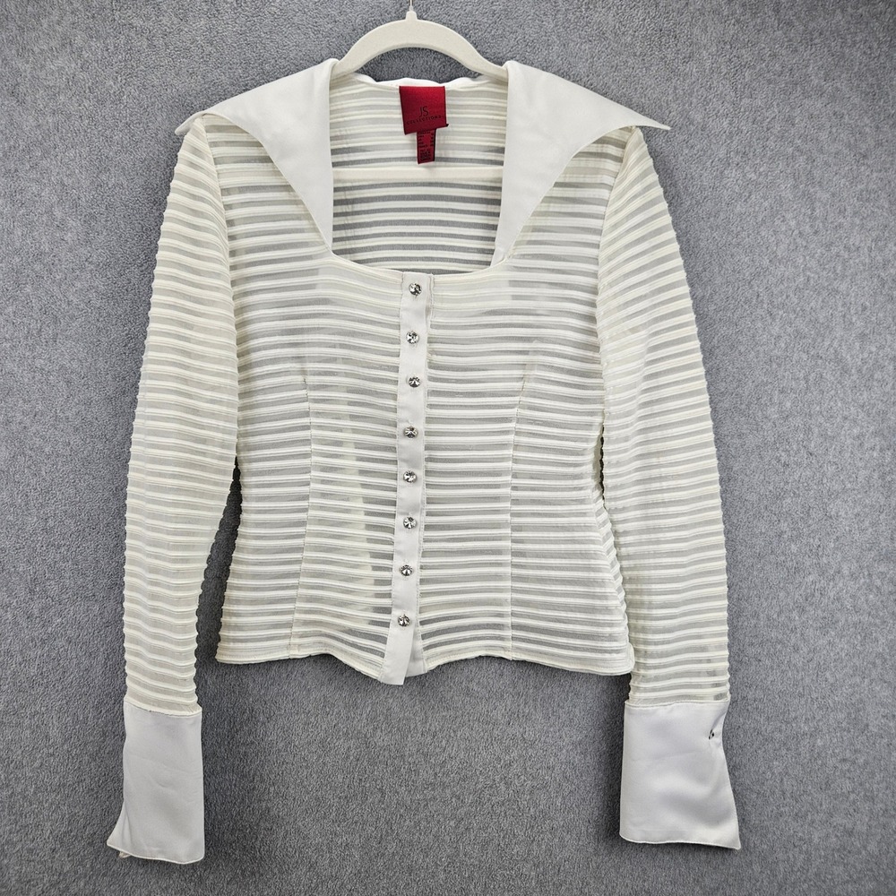 JS COLLECTIONS Blouse Women 10 White Sheer Striped Rhinestone Y2K Party Top